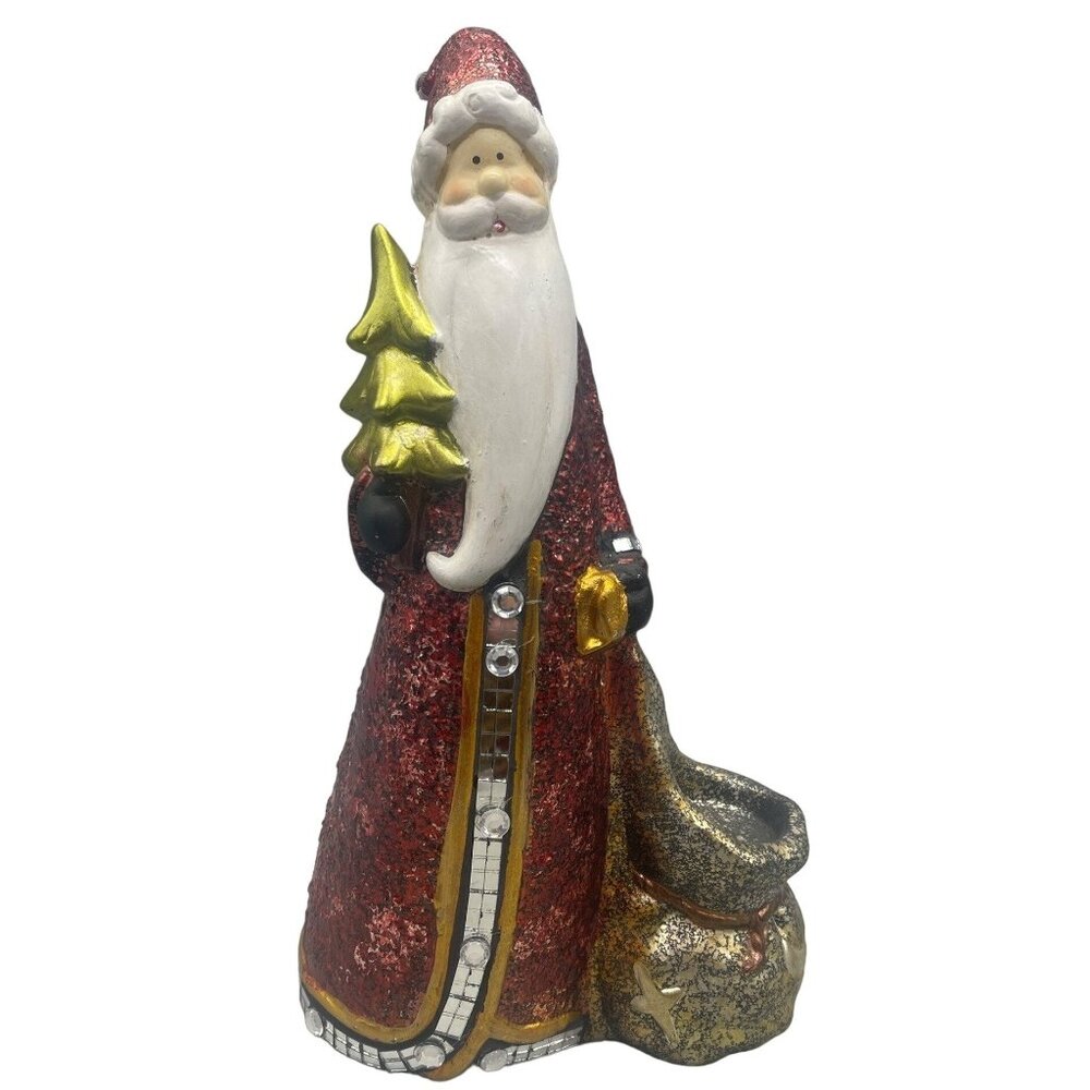 Santa glass figurine embellish bling mirror tree tea candle holder red 13" READ